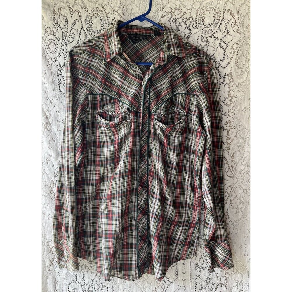 Vintage Border Town Plaid Western Pearl Snap Button‎ Up Shirt Size Medium